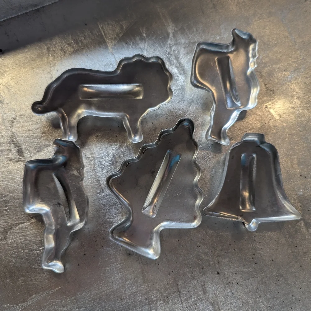 Vintage 1950's Aluminum Cookie Cutters Set 2 Santas,Bell, Lion Christmas Tree